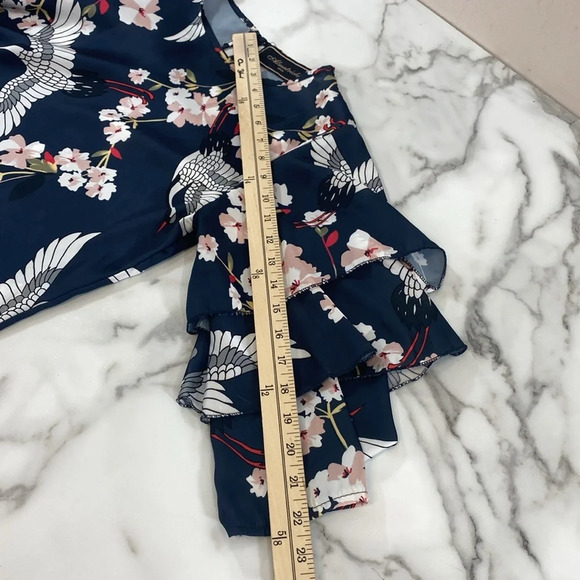 Almatrichi Blouse Womens Small Blue Pink Ruffle Flutter Layer‎ Crane Bird Floral - Picture 12 of 12